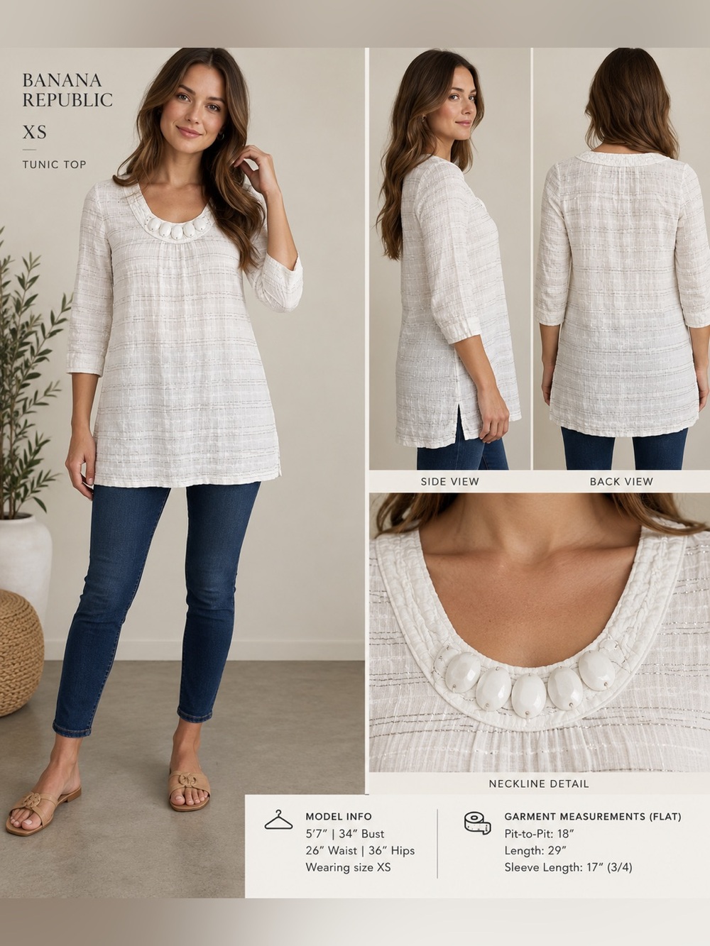 Banana Republic White Cotton Silver Metallic Pinstripe Beaded Tunic Dress XS